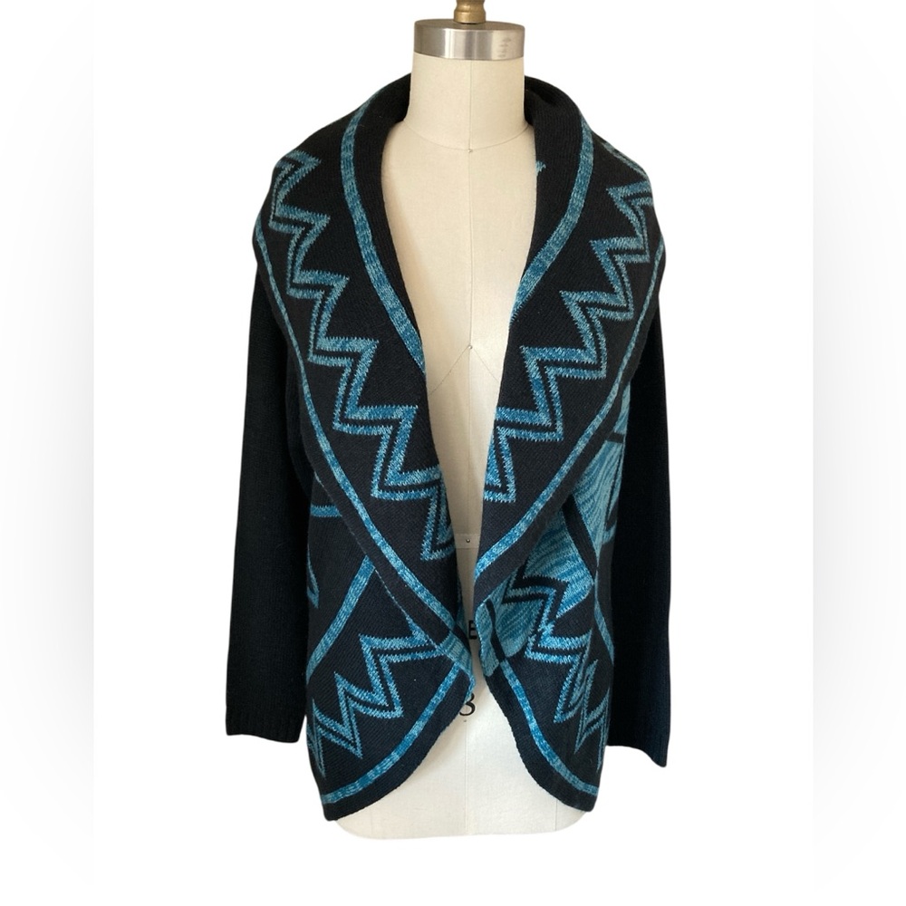 KEREN hart Black and Teal Aztec Open Front Cardigan, Sz M